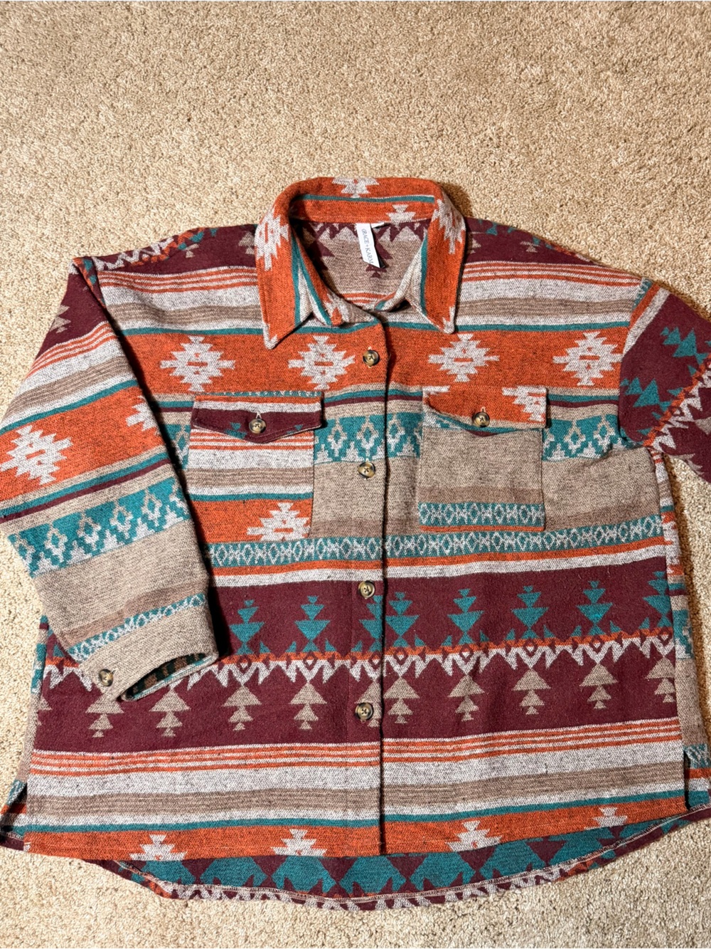 Aztec Pattern Button-Up Shacket- Rust, Teal & Maroon